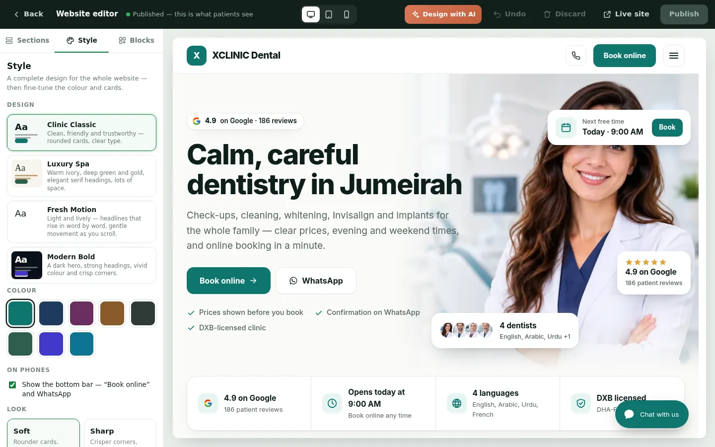 The LeadsCMS website editor with the design picker