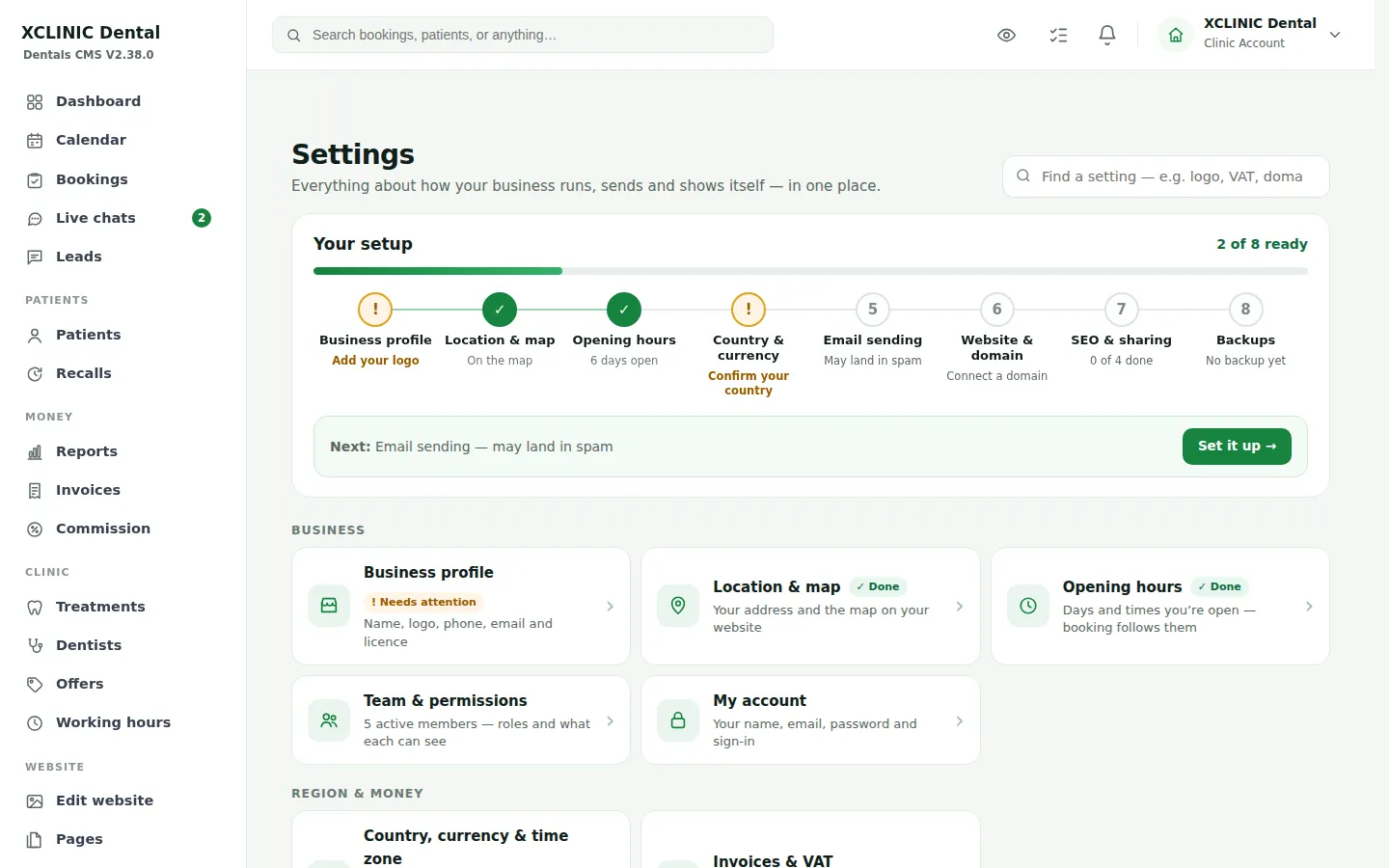 LeadsCMS settings with the setup checklist